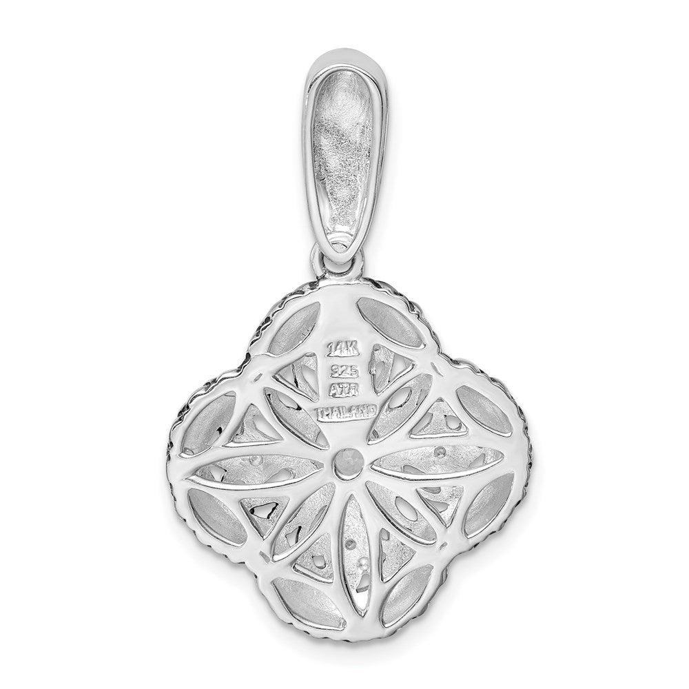 Silver/14K Two-Tone Sterling Silver Rhod. W/14K Gold Accent Qrtz & Cz Filigree Clover Pendant