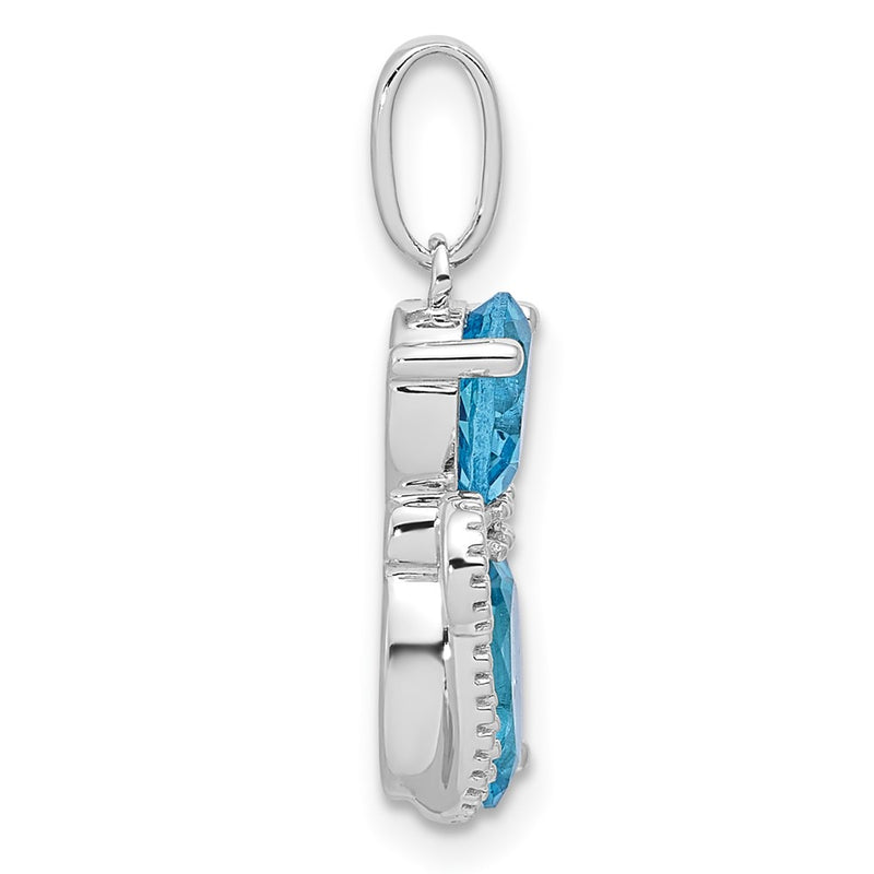 Sterling Silver Rhodium-Plated Blue Topaz And Diamond Cat Pendant