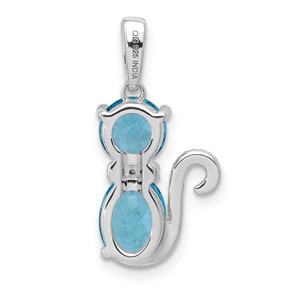 Sterling Silver Rhodium-Plated Blue Topaz And Diamond Cat Pendant