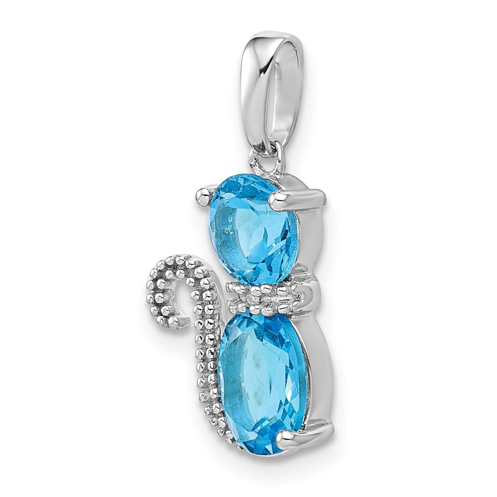 Sterling Silver Rhodium-Plated Blue Topaz And Diamond Cat Pendant