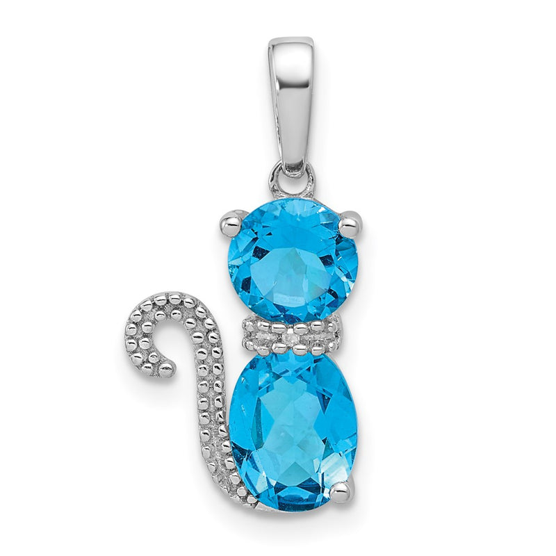 Sterling Silver Rhodium-Plated Blue Topaz And Diamond Cat Pendant