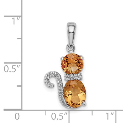 Sterling Silver Rhodium-Plated Citrine And Diamond Cat Pendant