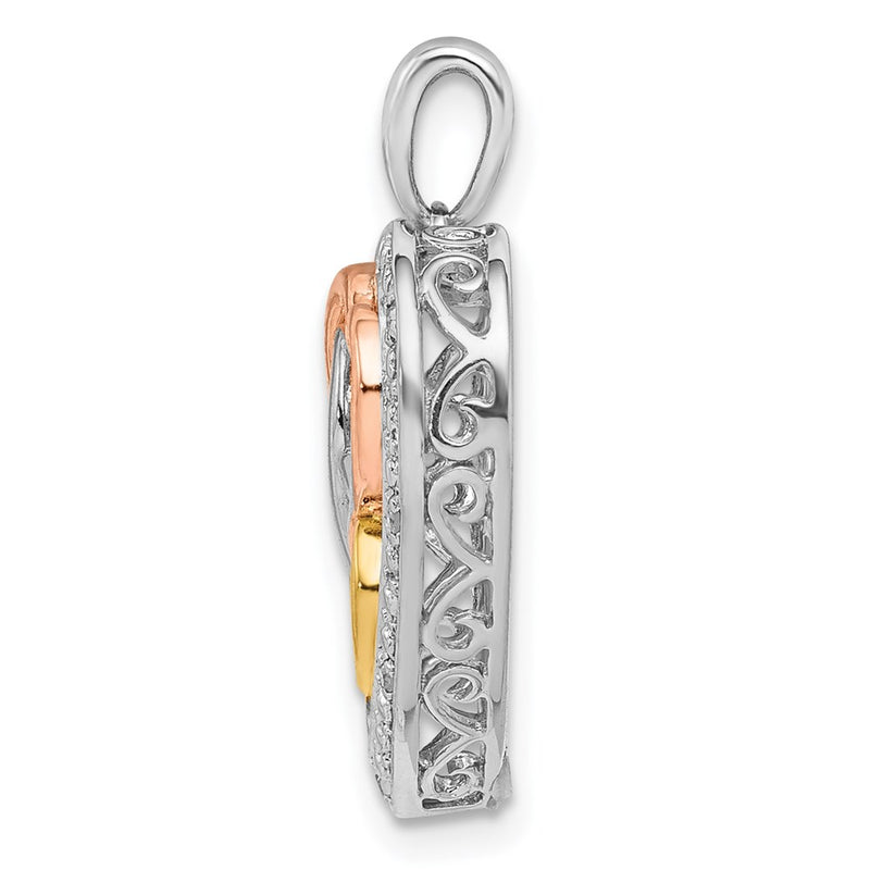Sterling Silver Rhodium W/White, Yellow, & Rose Gold Plating Diamond Heart Pendant