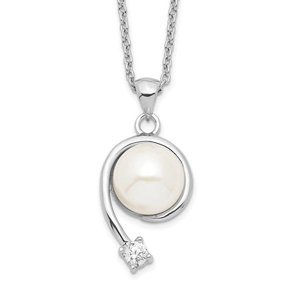 Sterling Silver Rhodium-Plated 8-9mm White Fwc Pearl Cz Pendant Necklace