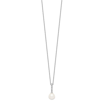 Sterling Silver Rhodium-Plated 7-8mm White Fwc Pearl Cz Necklace