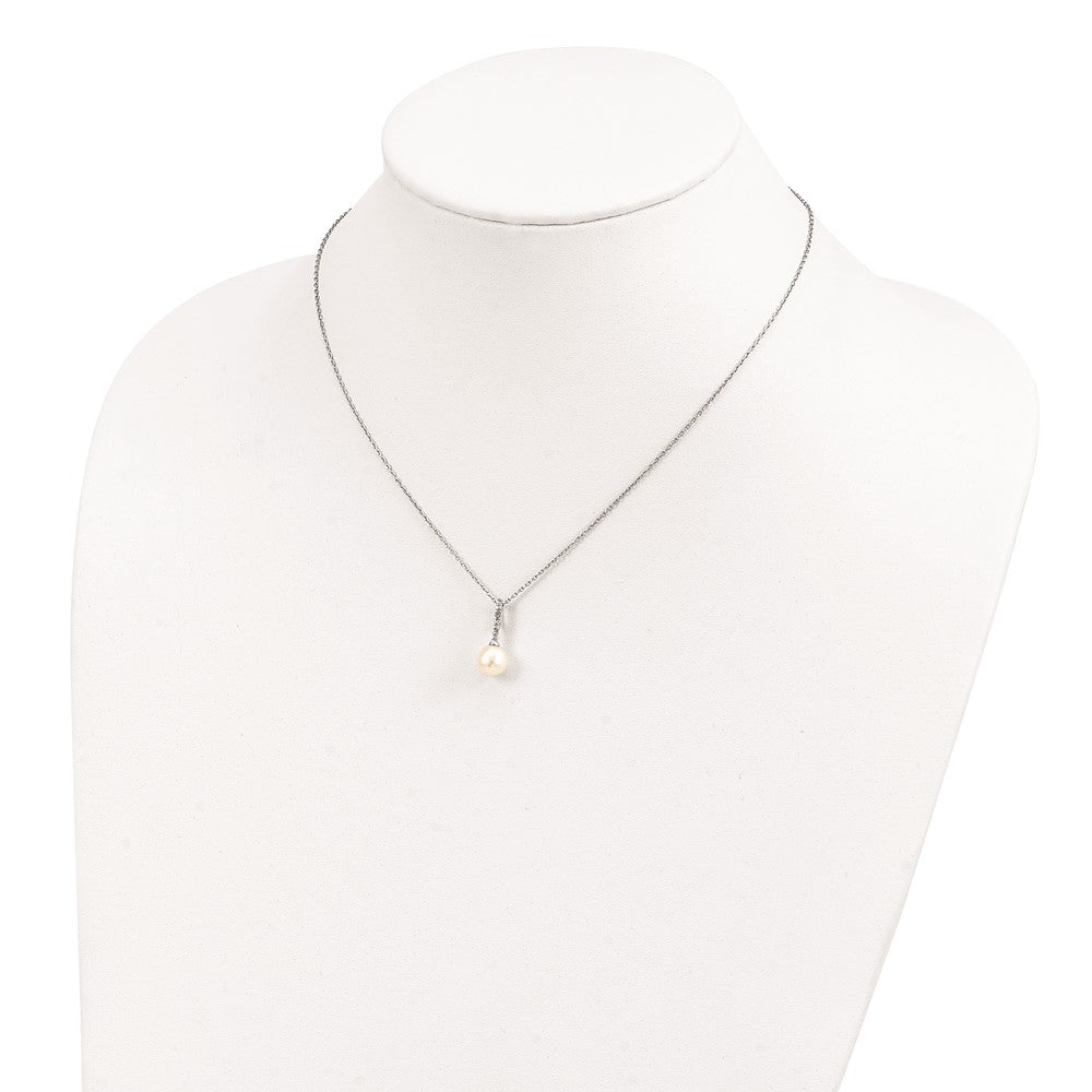 Sterling Silver Rhodium-Plated 7-8mm White Fwc Pearl Cz Necklace