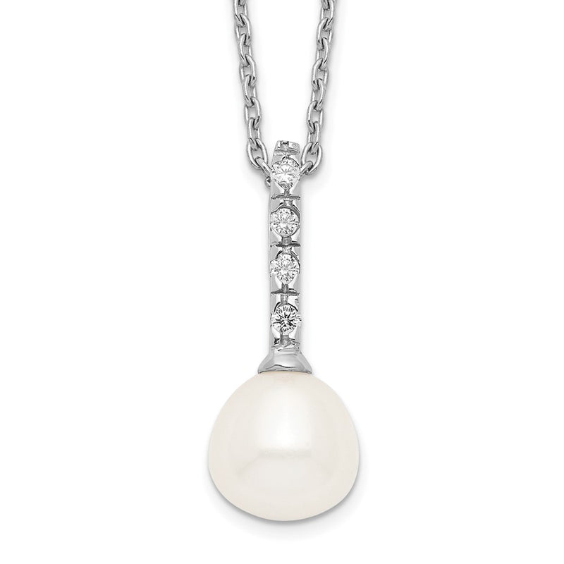 Sterling Silver Rhodium-Plated 7-8mm White Fwc Pearl Cz Necklace