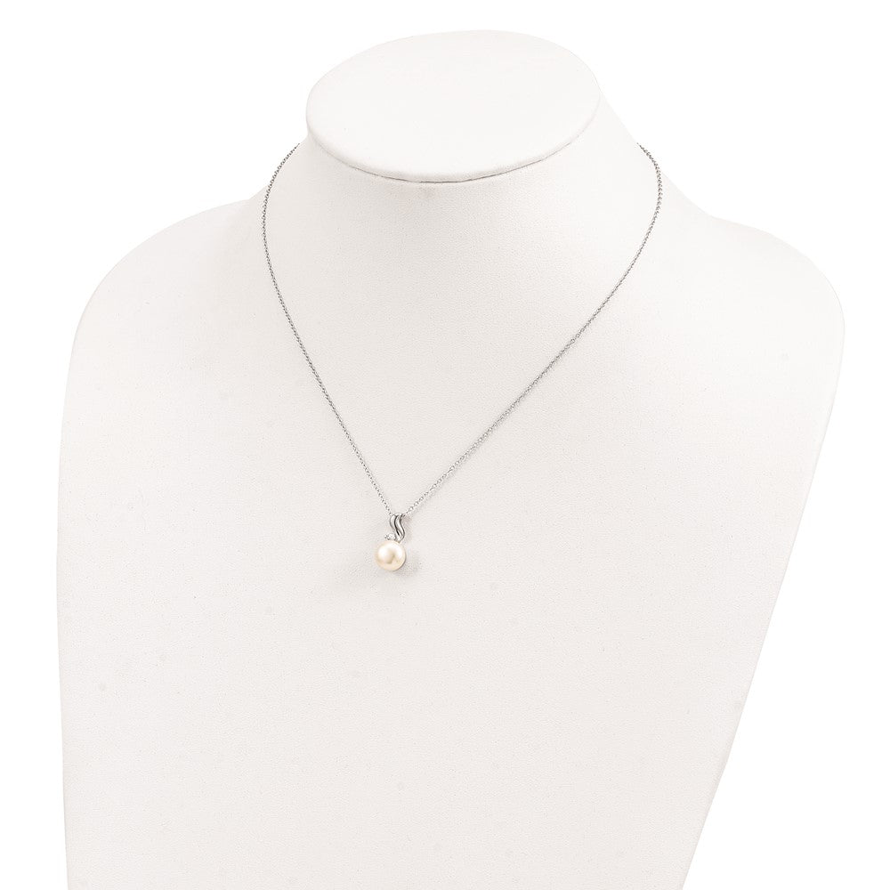 Sterling Silver Rhodium 9-10mm White Fwc Pearl Cz Necklace