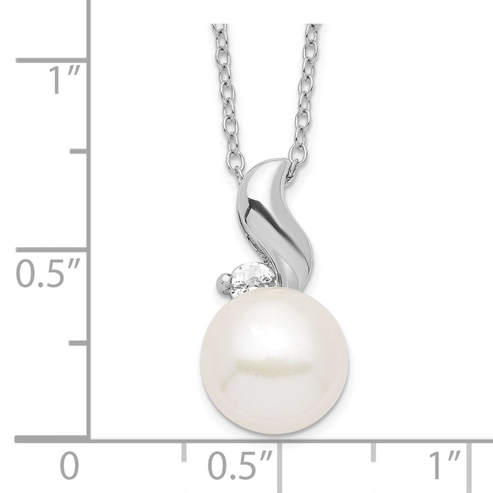 Sterling Silver Rhodium 9-10mm White Fwc Pearl Cz Necklace