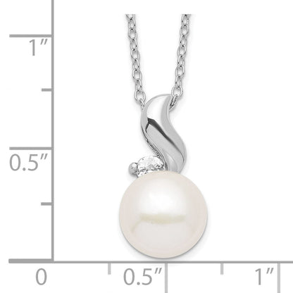 Sterling Silver Rhodium 9-10mm White Fwc Pearl Cz Necklace