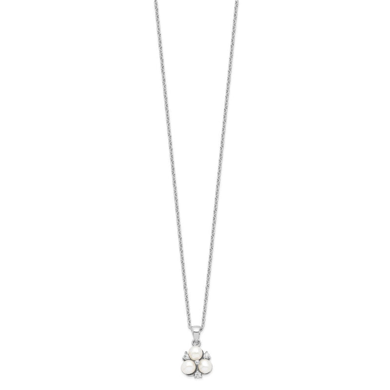 Sterling Silver Rhodium-Plated 5-6mm White Fw Cultured 3-Pearl Cz Necklace