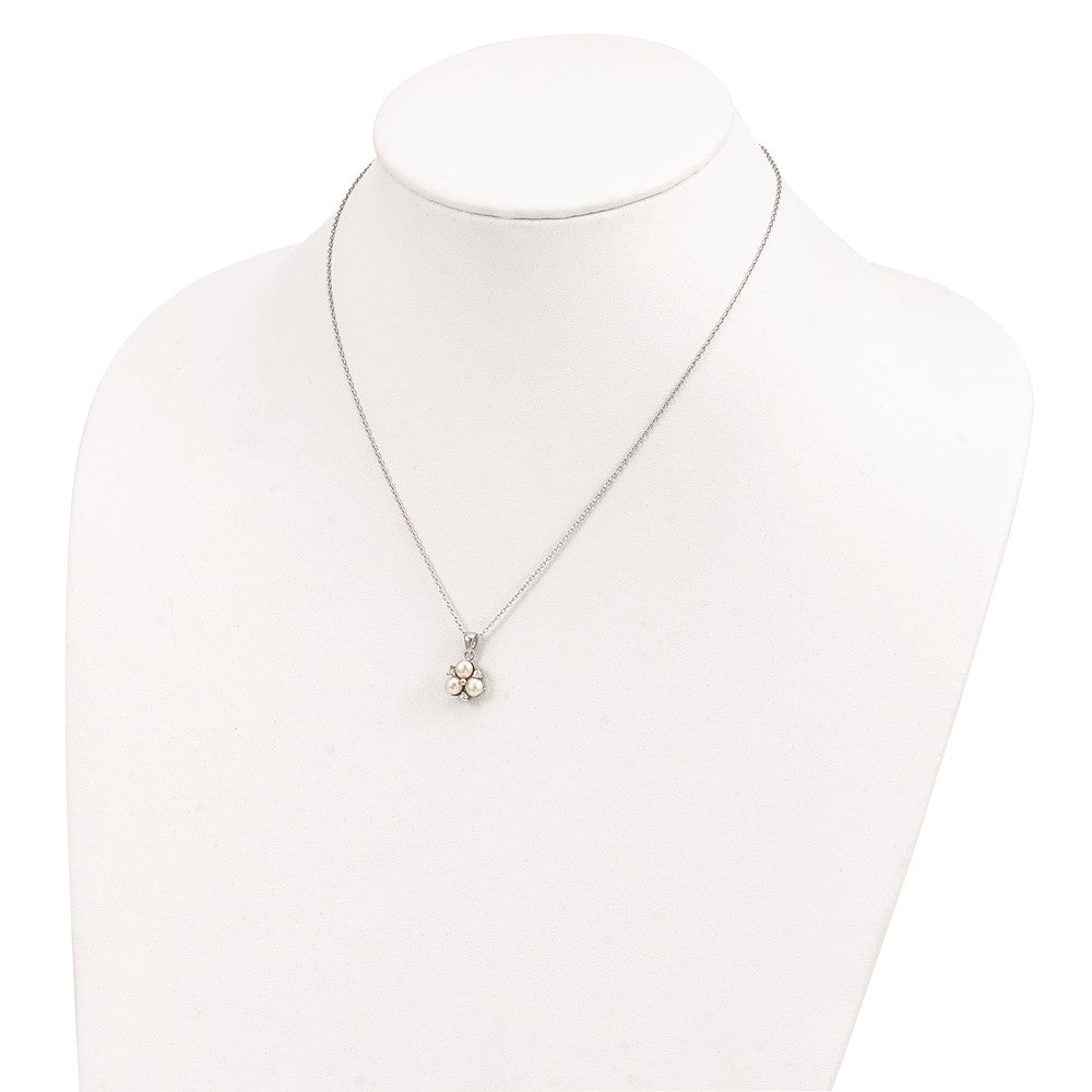 Sterling Silver Rhodium-Plated 5-6mm White Fw Cultured 3-Pearl Cz Necklace