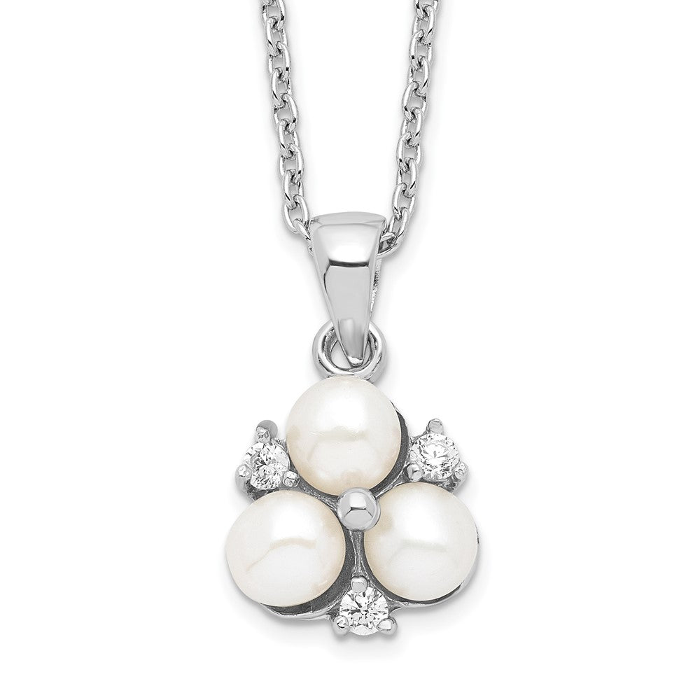 Sterling Silver Rhodium-Plated 5-6mm White Fw Cultured 3-Pearl Cz Necklace