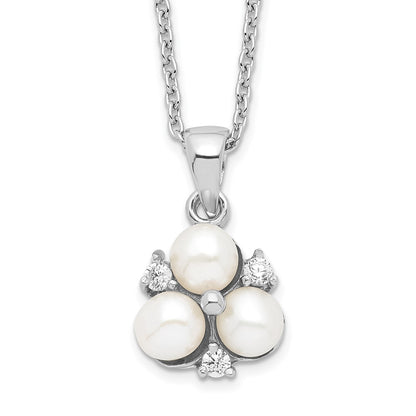Sterling Silver Rhodium-Plated 5-6mm White Fw Cultured 3-Pearl Cz Necklace