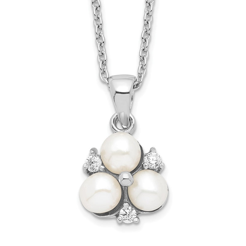 Sterling Silver Rhodium-Plated 5-6mm White Fw Cultured 3-Pearl Cz Necklace
