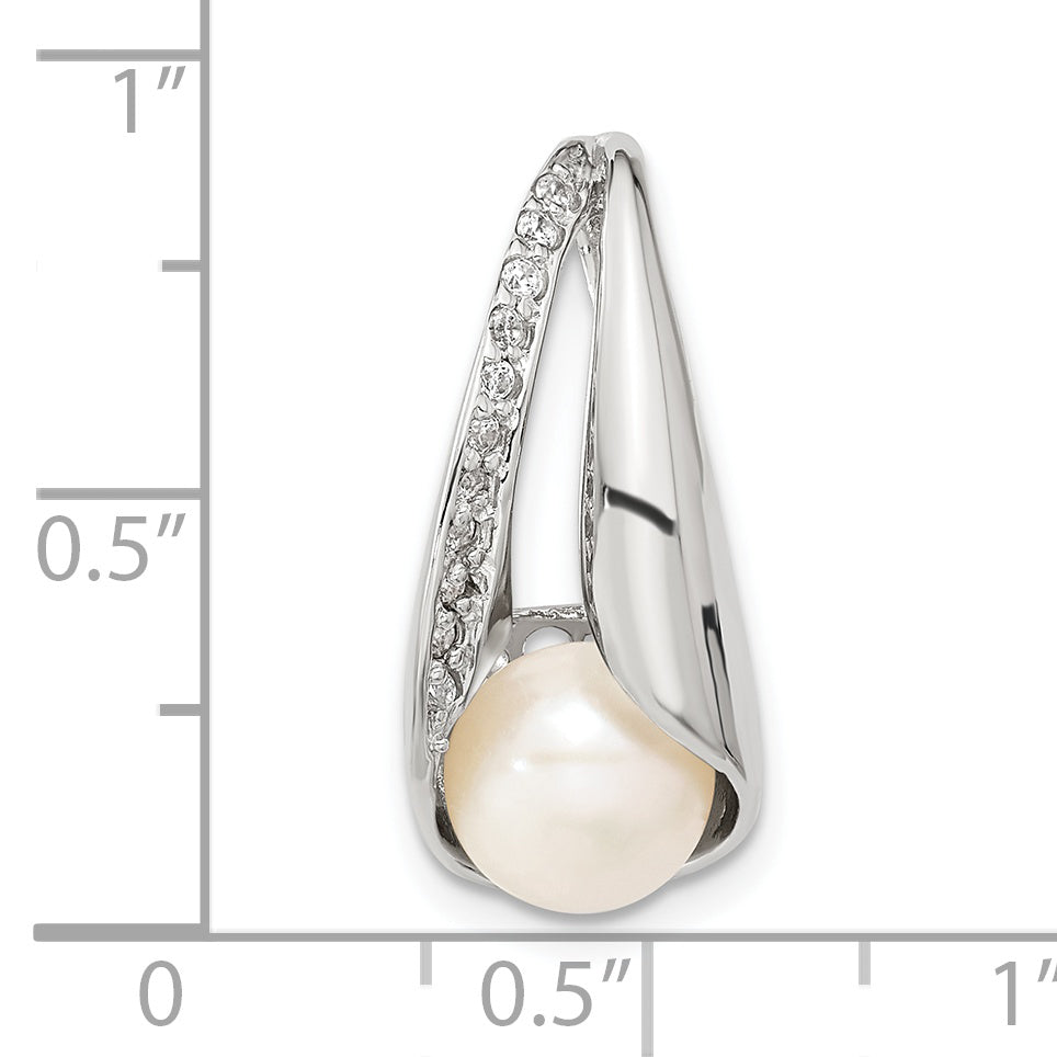Sterling Silver W/Cz 7-8mm Fw Cultured Button Pearl Pendant
