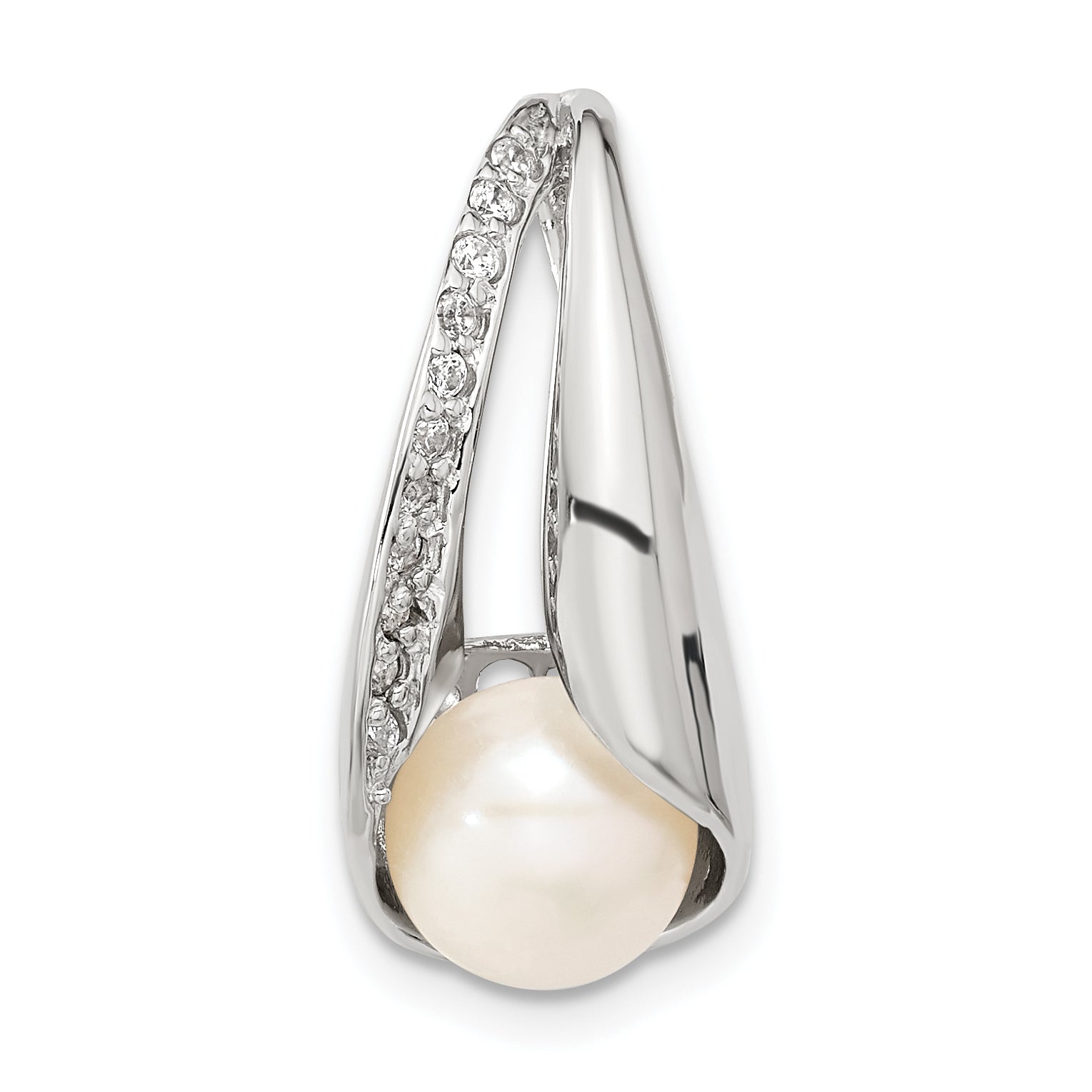 Sterling Silver W/Cz 7-8mm Fw Cultured Button Pearl Pendant