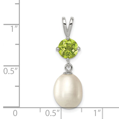 Sterling Silver Rhodium-Plated Peridot 8-9mm Fwc Pearl Teardrop Pendant
