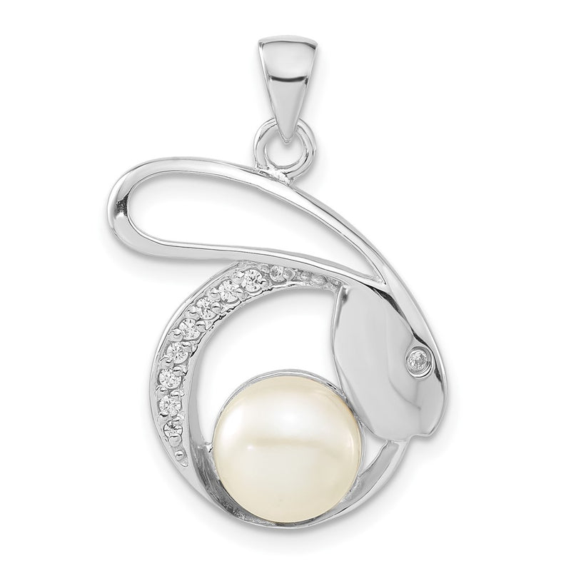 Sterling Silver Polished Cz & 8-9mm Fw Cultured Pearl Rabbit Pendant