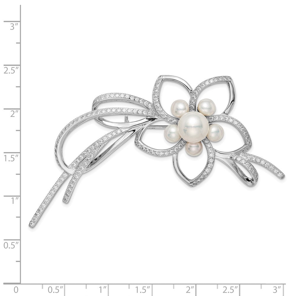 Sterling Silver Rhodium-Plated Cz Ribbion And Flower With 4-7mm White Freshwater Cultured Pearls Pin Brooch