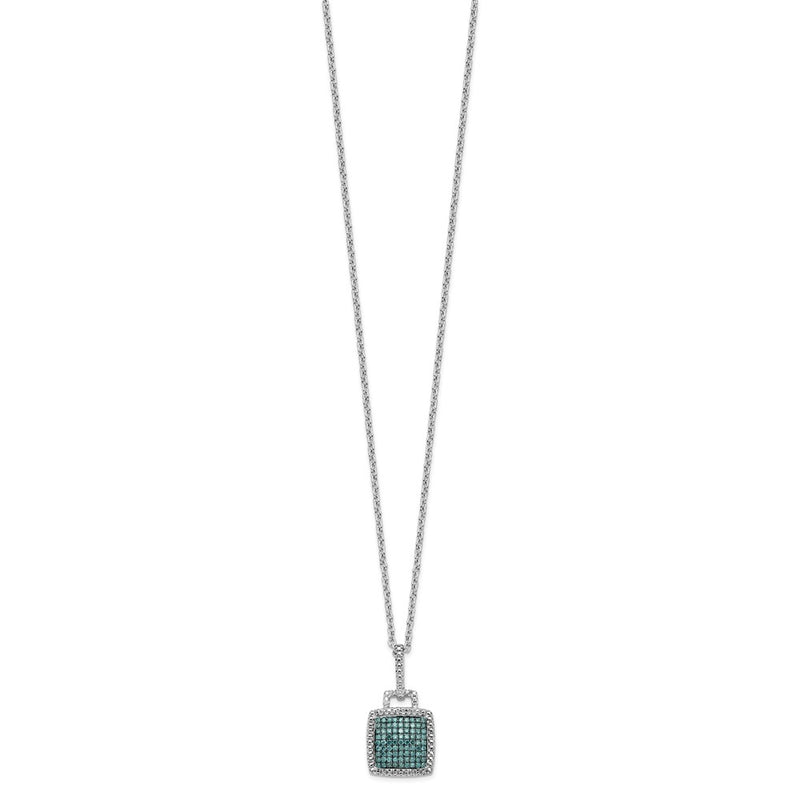 Sterling Silver White Night Rhodium-Plated Blue Diamond Square Pendant 18 Inch Necklace With 2 Extender