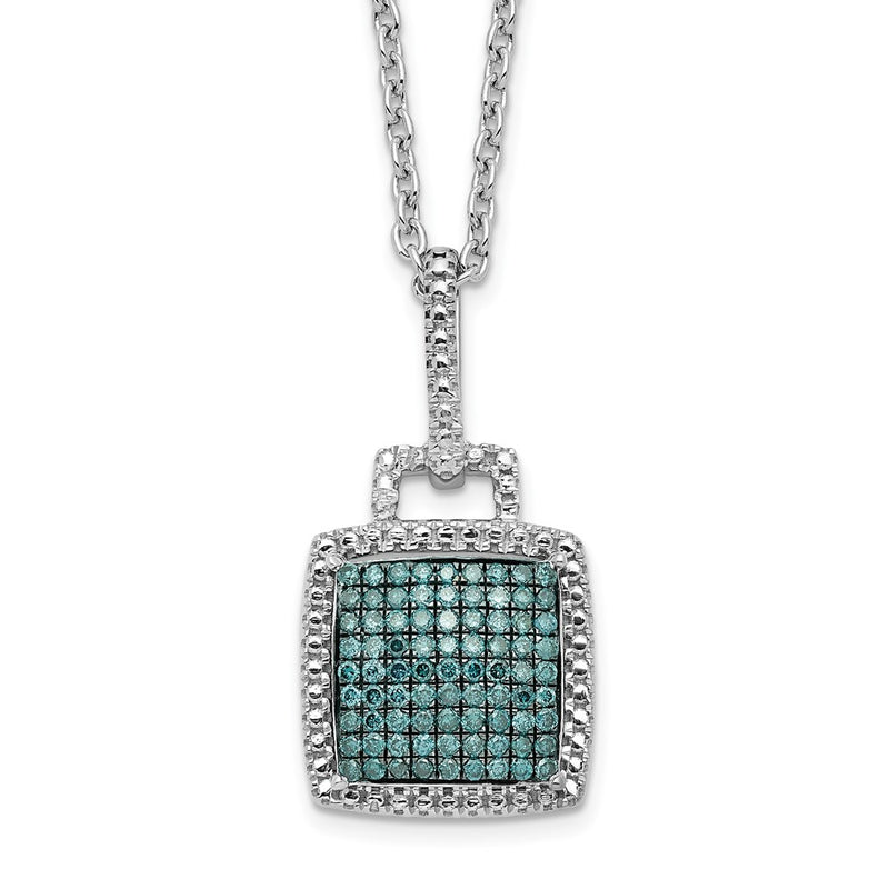 Sterling Silver White Night Rhodium-Plated Blue Diamond Square Pendant 18 Inch Necklace With 2 Extender