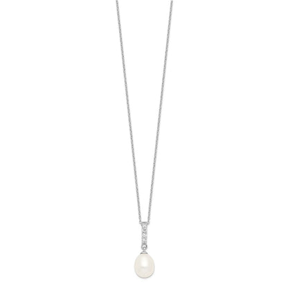 Sterling Silver Rhodium-Plated 8-9mm White Fwc Pearl Cz Necklace