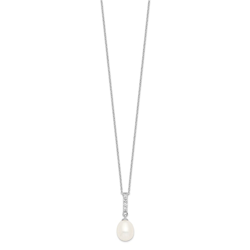 Sterling Silver Rhodium-Plated 8-9mm White Fwc Pearl Cz Necklace