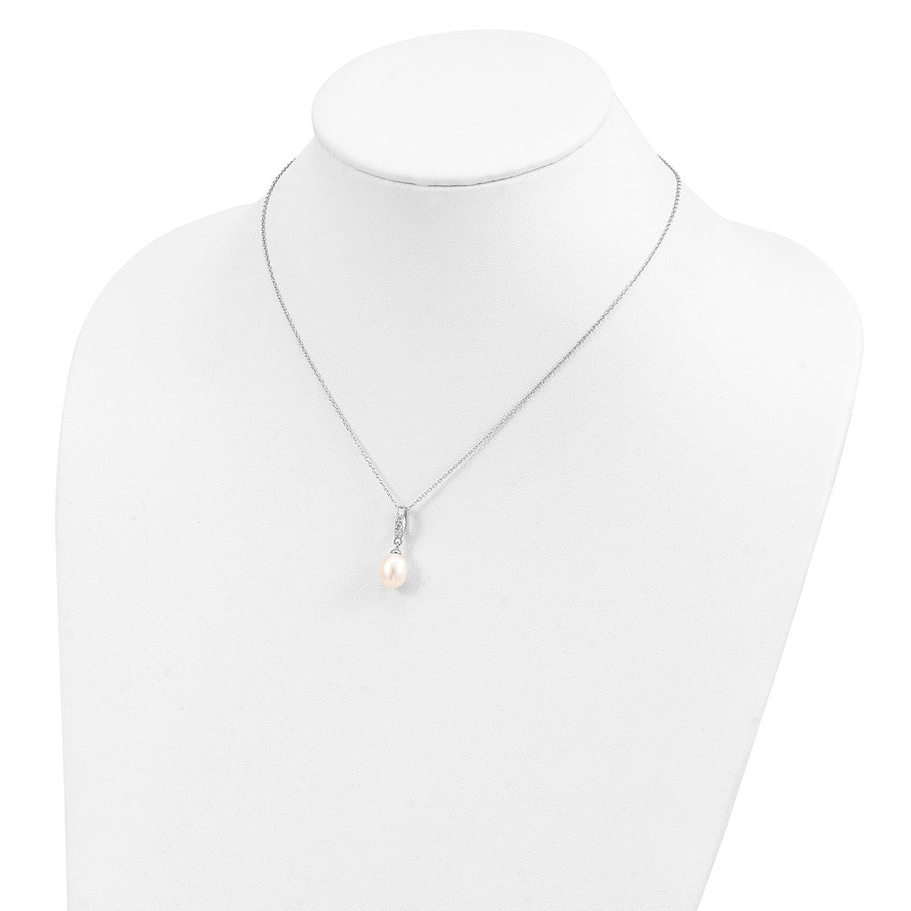 Sterling Silver Rhodium-Plated 8-9mm White Fwc Pearl Cz Necklace