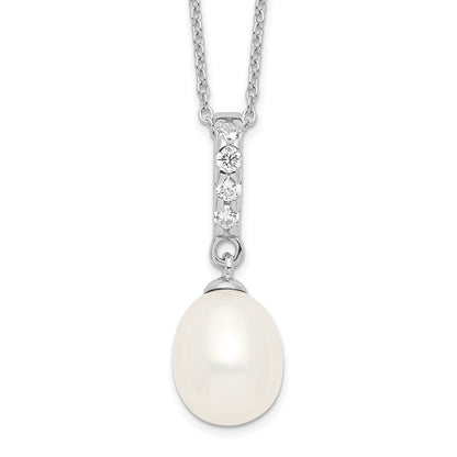 Sterling Silver Rhodium-Plated 8-9mm White Fwc Pearl Cz Necklace