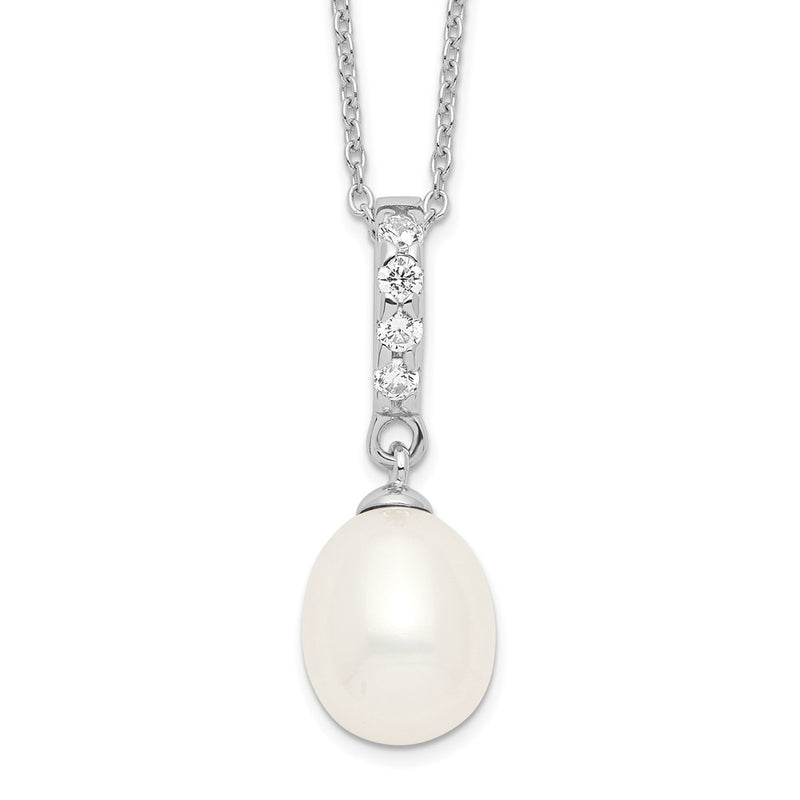 Sterling Silver Rhodium-Plated 8-9mm White Fwc Pearl Cz Necklace