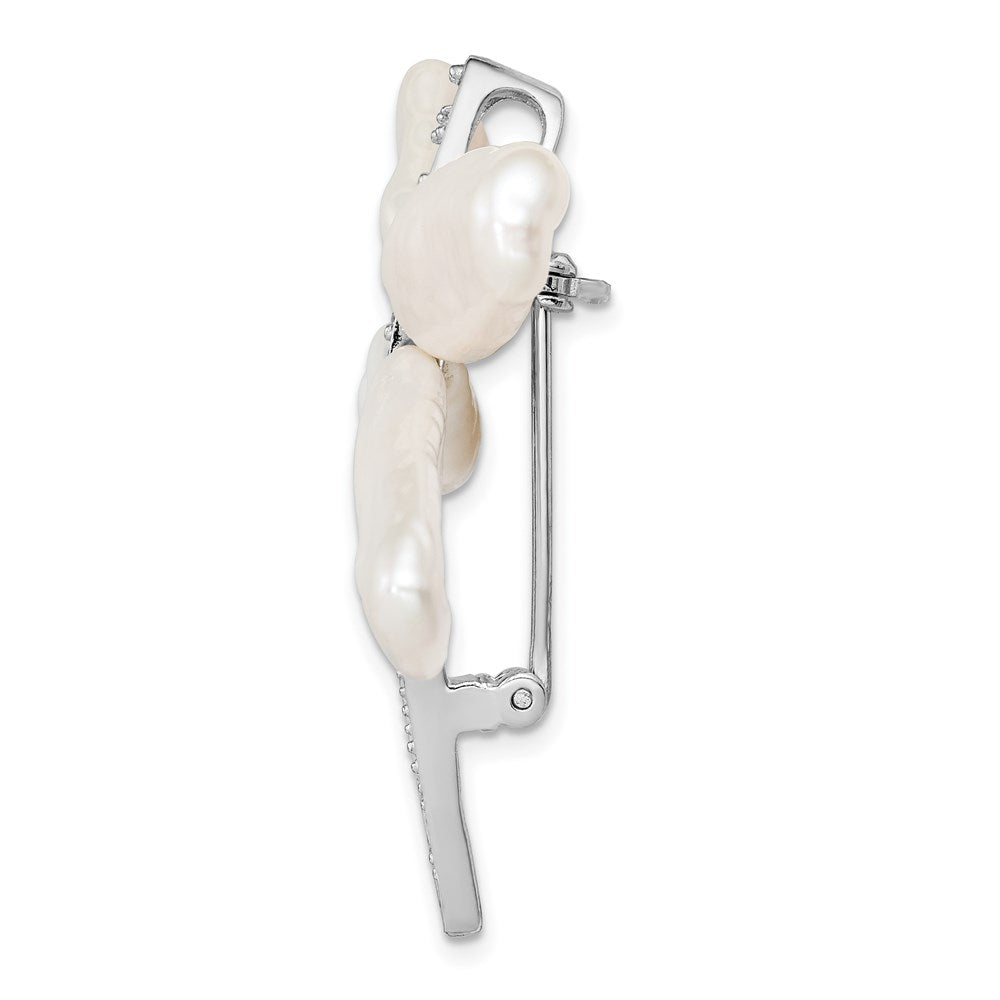 Sterling Silver Rhodium-Plated White Baroque Freshwater Cultured Pearl And Cz Dragonfly Slide Pin Brooch