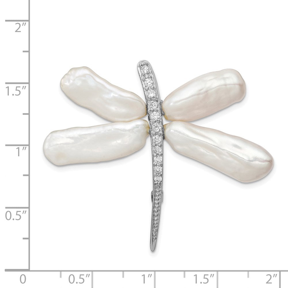 Sterling Silver Rhodium-Plated White Baroque Freshwater Cultured Pearl And Cz Dragonfly Slide Pin Brooch