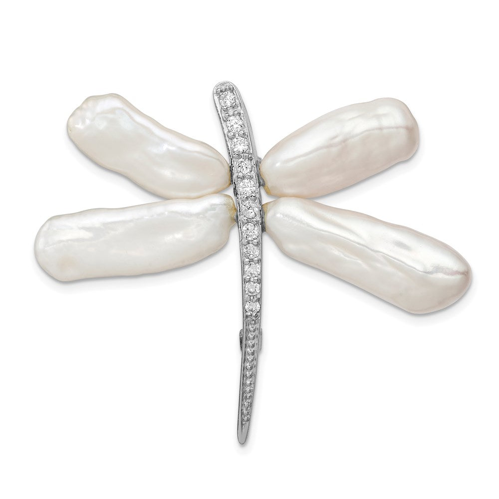 Sterling Silver Rhodium-Plated White Baroque Freshwater Cultured Pearl And Cz Dragonfly Slide Pin Brooch