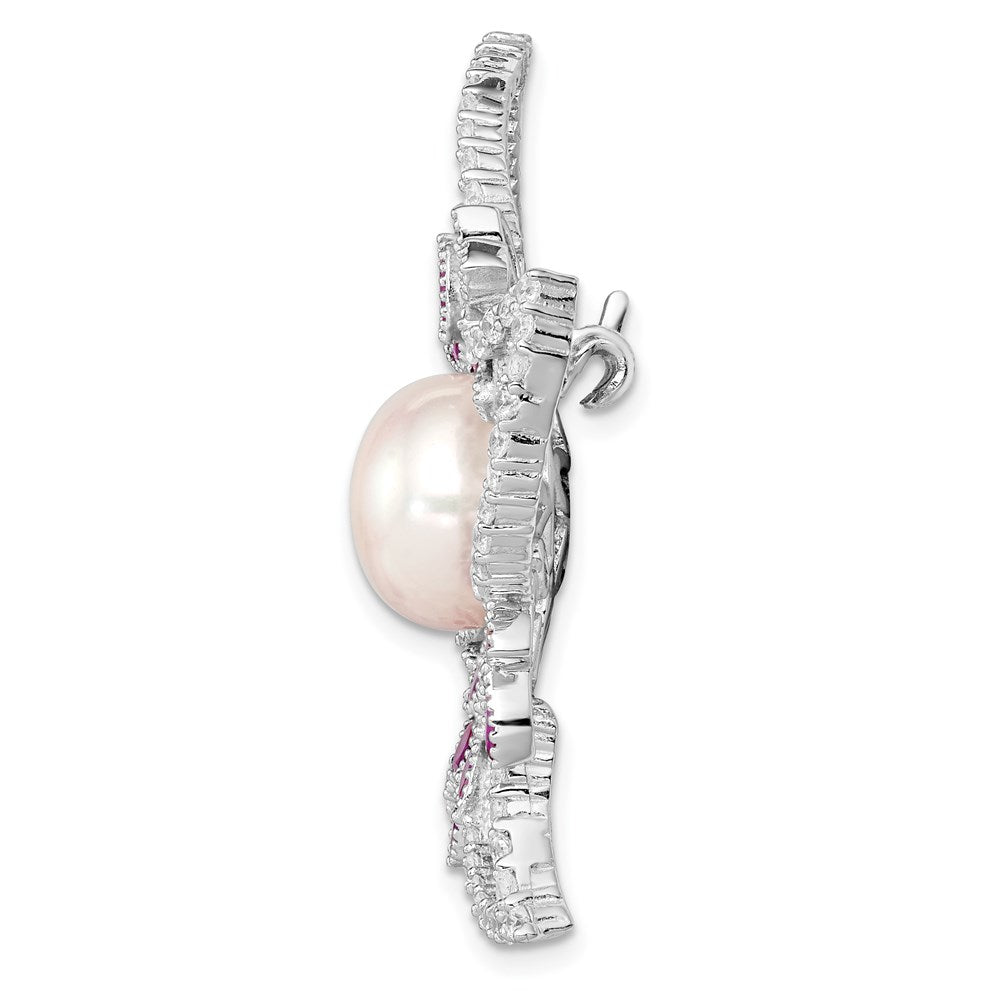 Sterling Silver Rhodium-Plated Filigree Flower With Clear Cz And Pink Corundum Stone Accents 10-11mm White Freshwater Cultured Pearl Pin Brooch