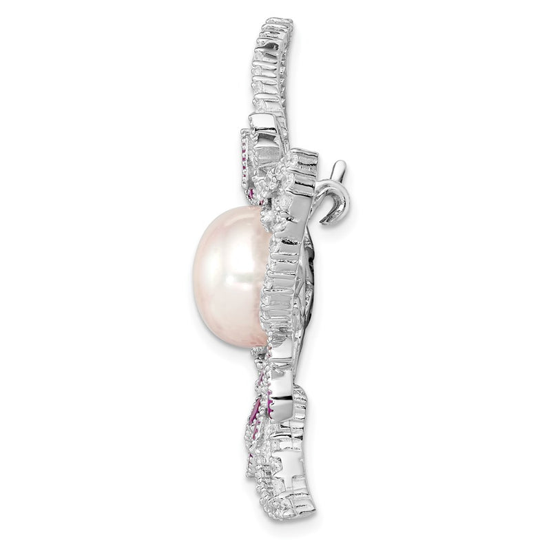 Sterling Silver Rhodium-Plated Filigree Flower With Clear Cz And Pink Corundum Stone Accents 10-11mm White Freshwater Cultured Pearl Pin Brooch