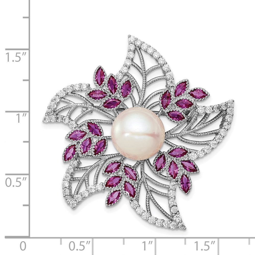 Sterling Silver Rhodium-Plated Filigree Flower With Clear Cz And Pink Corundum Stone Accents 10-11mm White Freshwater Cultured Pearl Pin Brooch