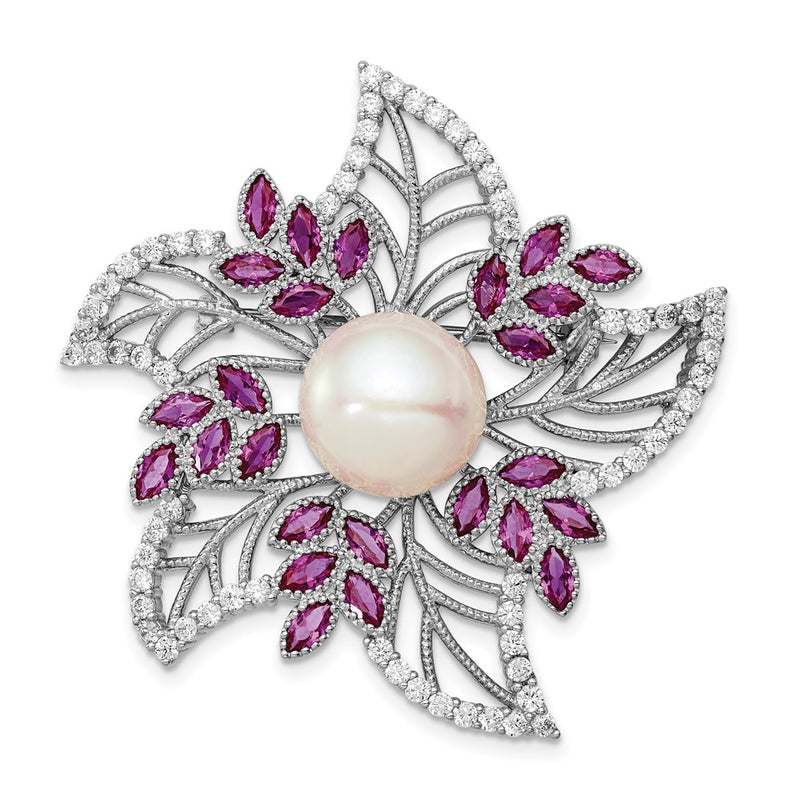 Sterling Silver Rhodium-Plated Filigree Flower With Clear Cz And Pink Corundum Stone Accents 10-11mm White Freshwater Cultured Pearl Pin Brooch