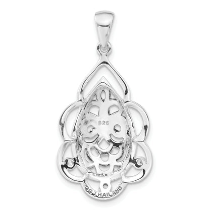 Sterling Silver Polished & Antiqued Cz Fleur De Lis Teardrop Pendant