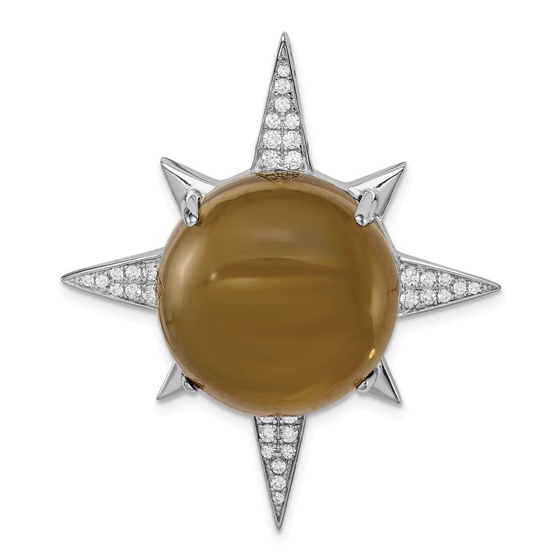 Sterling Silver Rhodium-Plated Brown Glass & Cz Sunburst Chain Slide