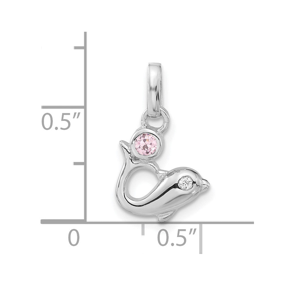 Sterling Silver Polished Pink & Clear Cz Dolphin Pendant