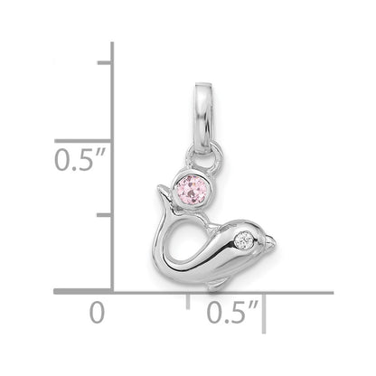 Sterling Silver Polished Pink & Clear Cz Dolphin Pendant