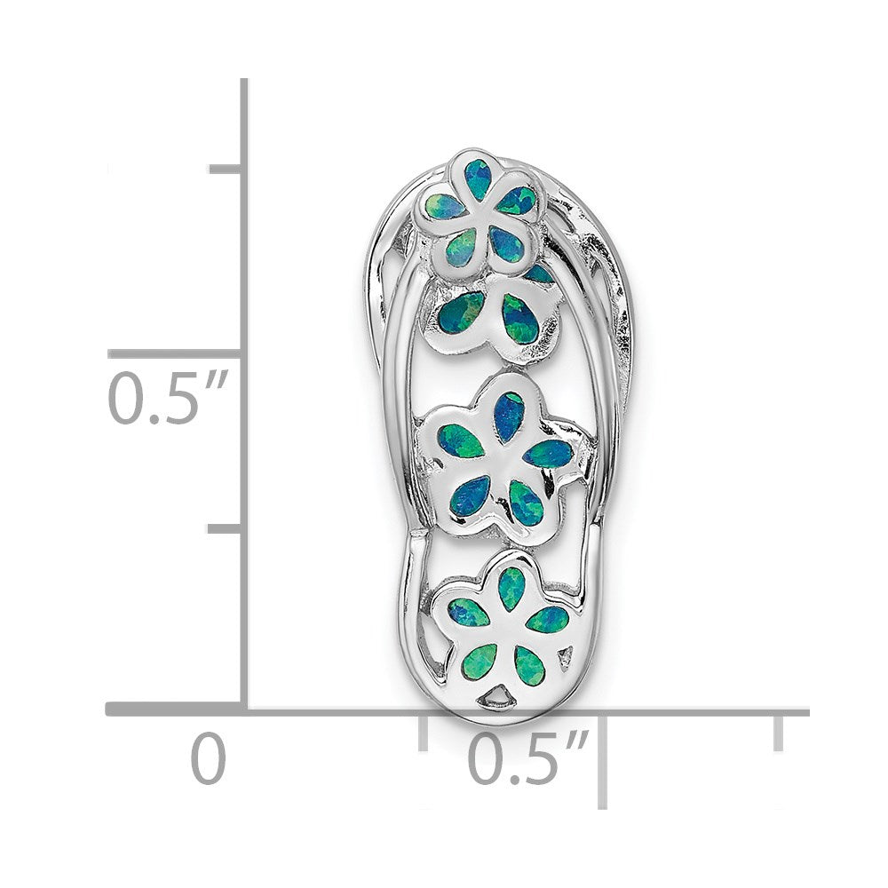 Sterling Silver Rhodium-Plated Blue Created Opal Flip Flop Pendant Slide
