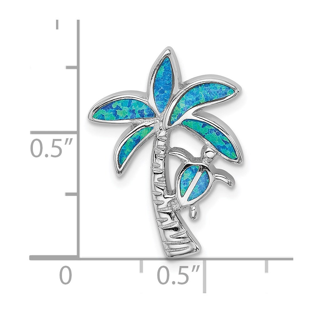 Sterling Silver Rhodium-Plated Blue Inlay Created Opal Palm Tree Slide