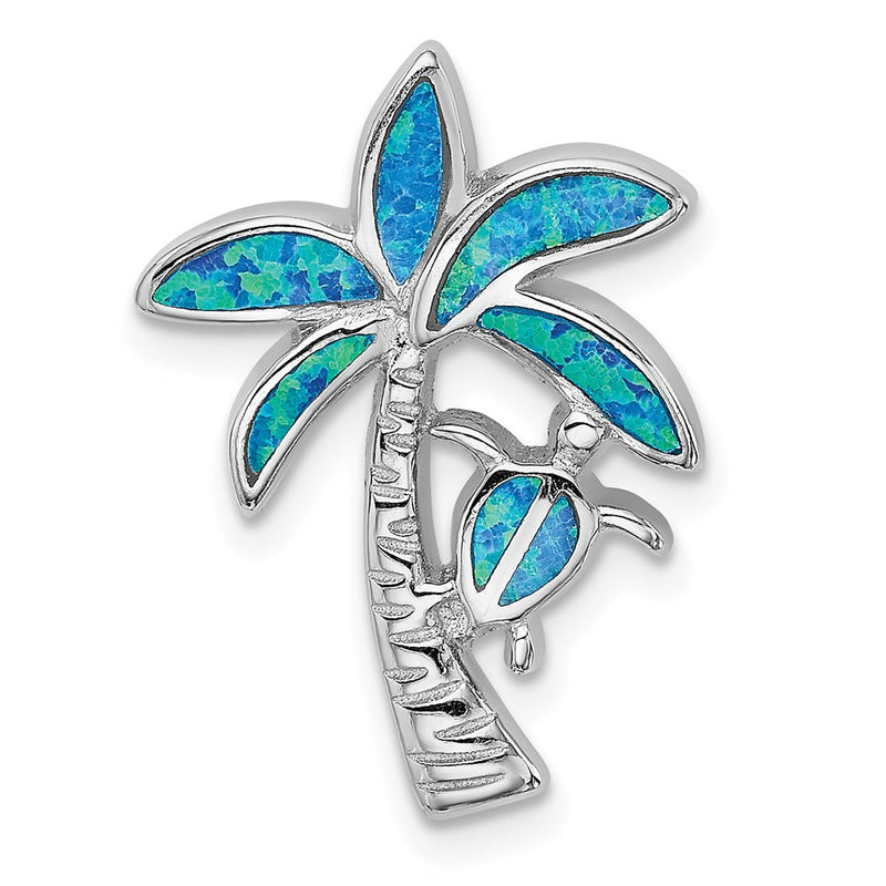 Sterling Silver Rhodium-Plated Blue Inlay Created Opal Palm Tree Slide