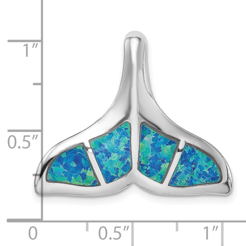 Sterling Silver Rhodium-Plated Blue Inlay Created Opal Whale Tail Slide