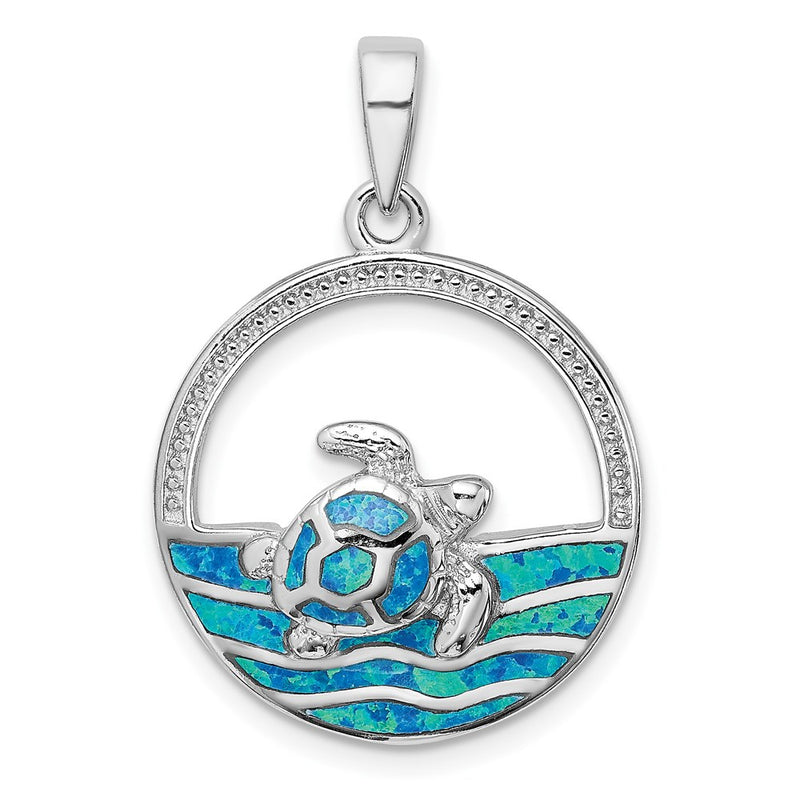 Sterling Silver Rhodium-Plated Polished Blue Inlay Created Opal Turtle Pendant