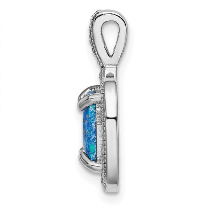 Sterling Silver Rhodium-Plated Blue Square Created Opal W/Cz Pendant