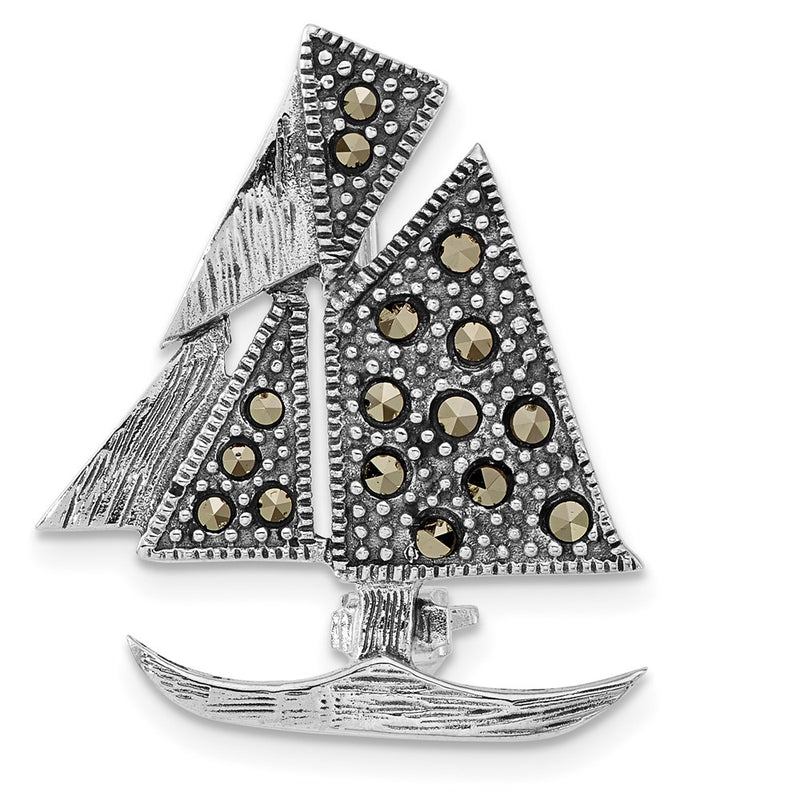 Sterling Silver Antiqued Marcasite Sailboat Pin