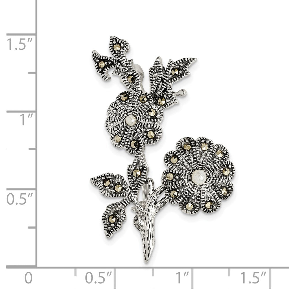Sterling Silver Antiqued Marcasite And Acrylic Pearl Flowers Pin